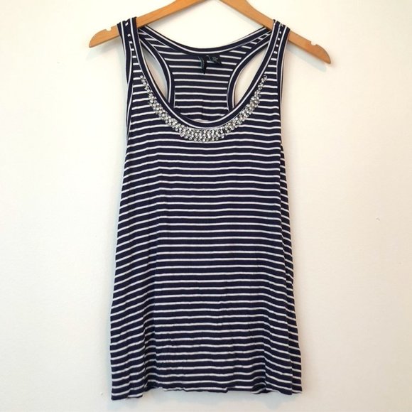 Cynthia Rowley Tops - CYNTHIA ROWLEY Navy Blue White Striped Beaded Tank